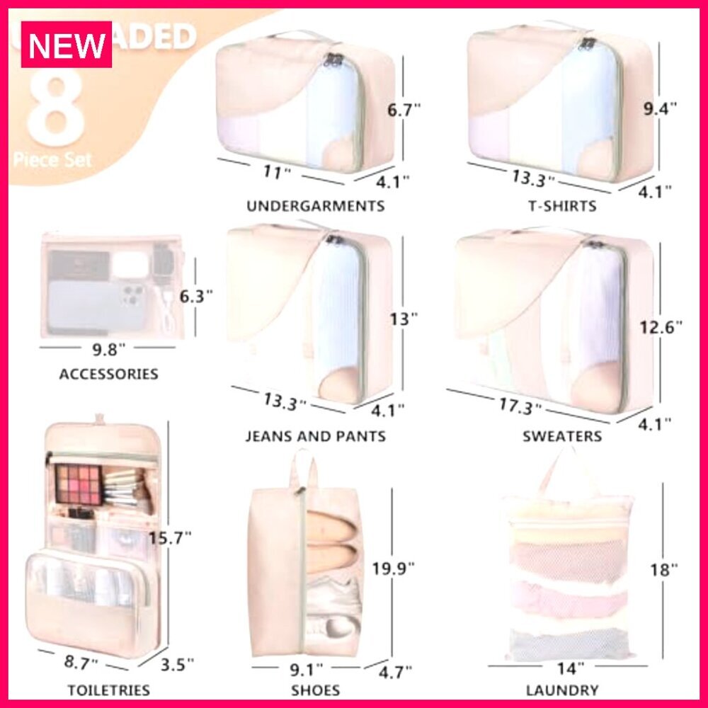 8 Set Travel Packing Cubes with Hanging Toiletry Bag, Polyester Organizers - Picture 3 of 8